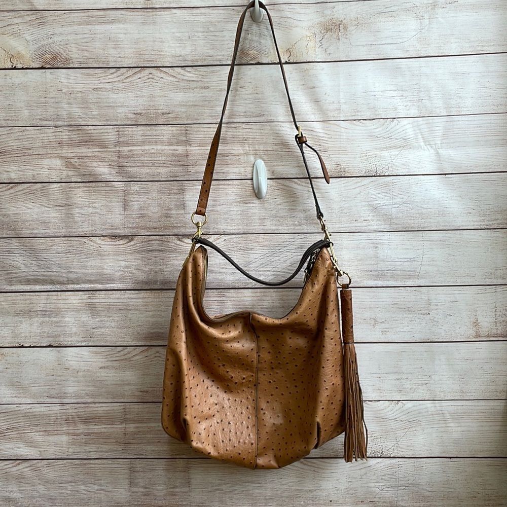 G.I.L.I. LARGE CROSSBODY IN TAN OSTRICH EMBOSSED LEATHER